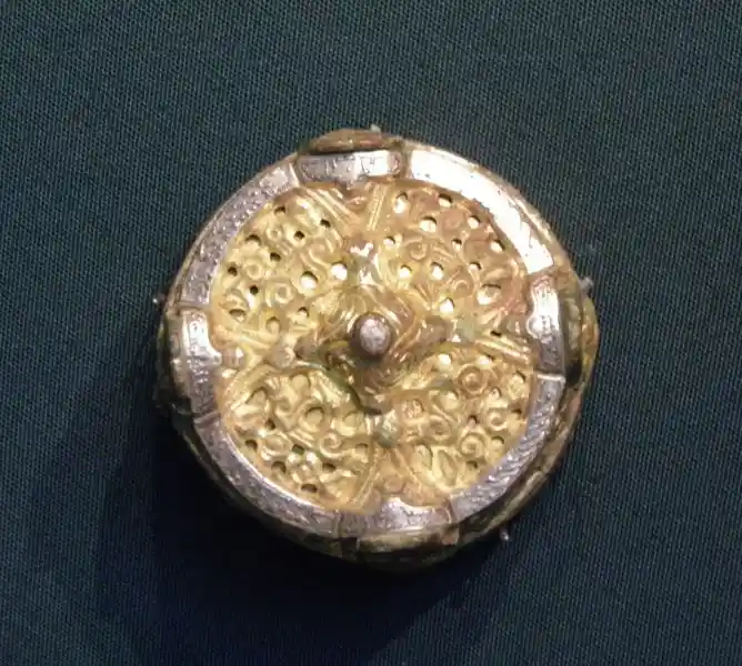 Circular box brooch, solar cross, solar disc